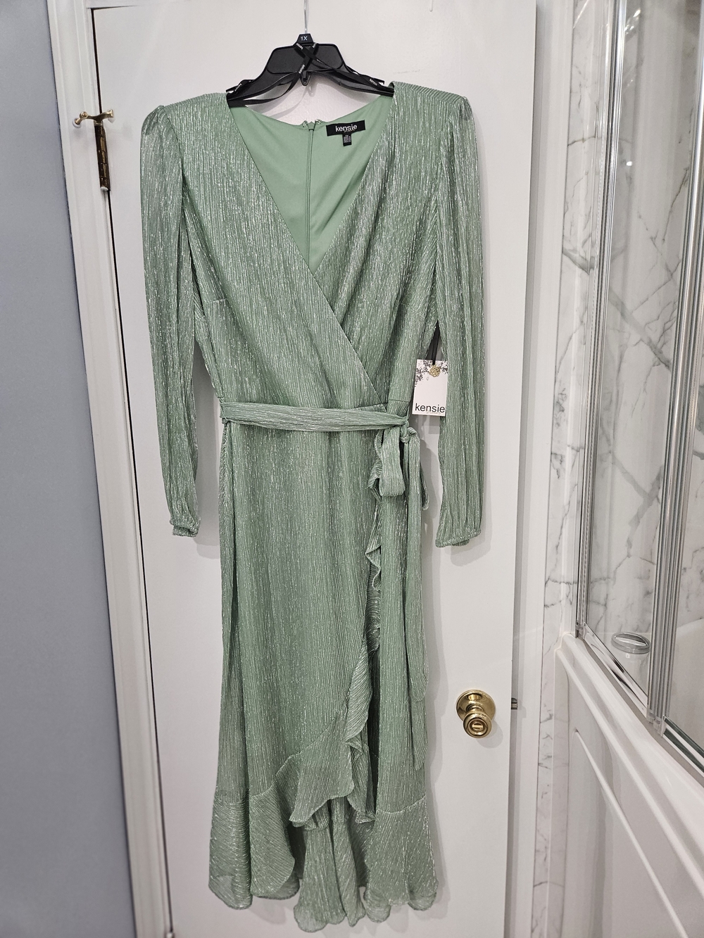 Kensie Metallic Sage Green Wrap Midi Dress
